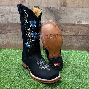 Woman's Western Cowgirl Rodeo Genuine Leather Black with Blue Flowers Boots
